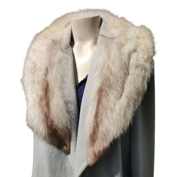 Real Fox Fur Collar Coat Belt Light Gray Wool Satin Lining Project or Parts - Picture 4 of 12